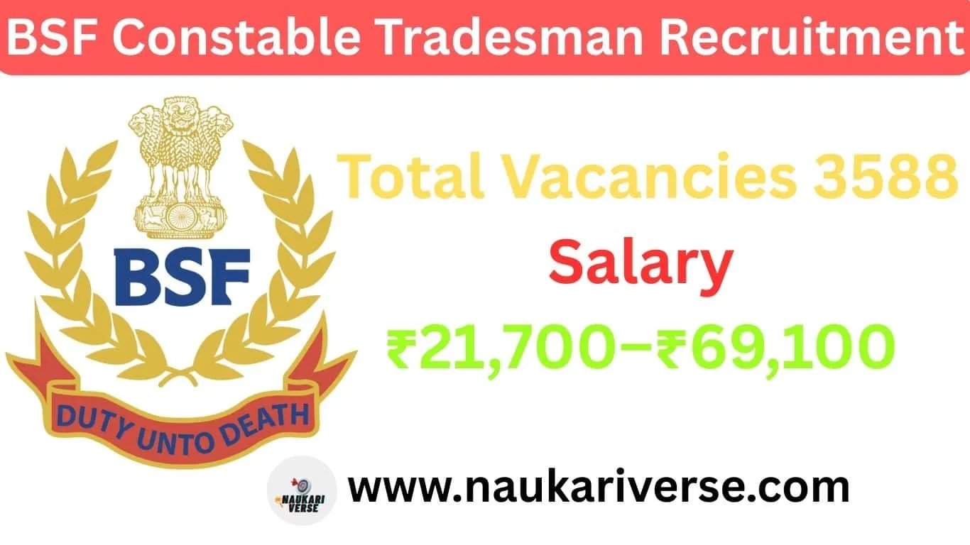 BSF Constable Tradesman Recruitment 2025: 3588 Vacancies शानदार मौका! ₹21,700–₹69,100 Salary, Apply Online (25 Jul–23 Aug)